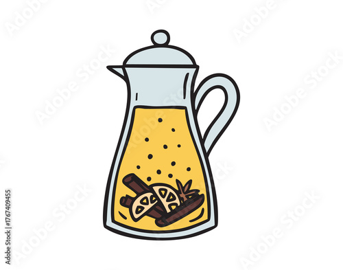 Glass pitcher with spiced lemonade, lemon slices and cinnamon clipart, elegant festive drink, single element, hand drawn.