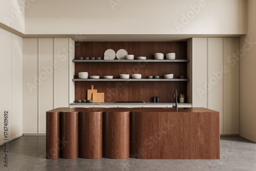Modern minimal kitchen interior with sculptural wood island, open shelves and ceramic dishes on neutral background. 3D Rendering. 3D Rendering