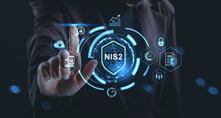Futuristic cybersecurity concept with NIS2 hologram interface and digital protection icons on dark background in modern business environment..