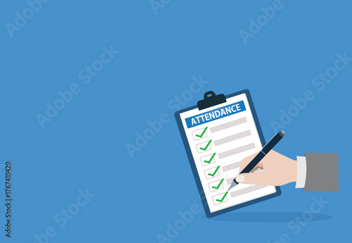 Attendance clipboard with checklist. Questionnaire, survey, clipboard, task list. Flat design,
