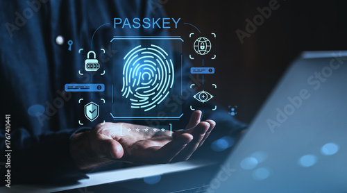 Tableau sur toile Biometric fingerprint authentication with passkey and digital security icons in technology interface above hand on dark background