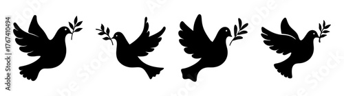 Foursilhouettesofdoveswitholivebranchessymbolizingpeaceandhope