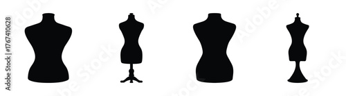 Collectionofblackdressformsdisplayingdifferentdesignsandstandsforfashionapparelpresentation