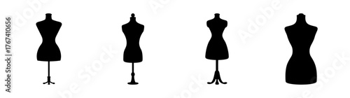 Fourelegantblackdressformsdisplayedverticallyforfashiondesignstudiogarmentpresentation