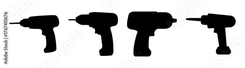 Collectionoffourblacksilhouettepowerdrillslinedupisolatedonfordesign