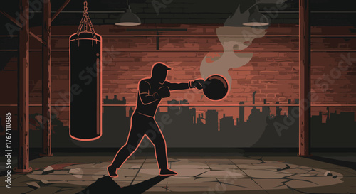 Intense graphic illustration of a boxer's silhouette throwing a powerful punch at a heavy bag in a gritty, urban training gym, capturing the essence of strength, dedication, and fitness
