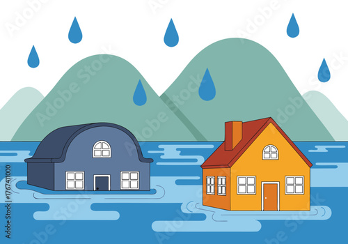Vector illustration of a catastrophic flood with residential houses submerged in deep water during a severe rainstorm d.eps concept