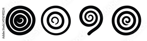 Fourdistinctblackspiralmotifswithastylizedhand-drawntexturecreatingasenseofmotion