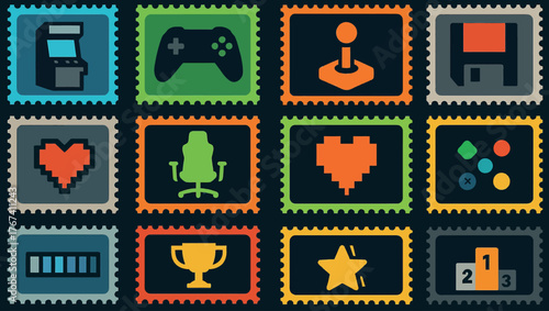 Retro Video Game Icons Pixel Art Stamp Collection Joystick Trophy