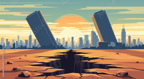 Apocalyptic Cityscape Cracked Earth, Leaning Skyscrapers, and a Sunset Horizon with a Disaster Theme