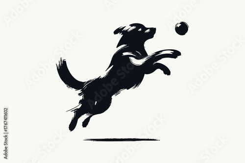 Dog jumping for ball brush ink minimal illustration vector