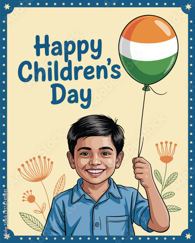 Happy Children’s Day India with Balloon and Floral Design