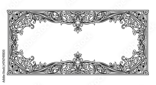 Intricate Ornate Rectangular Border Frame, Elegant Baroque and Gothic Style Design on an Isolated White Background.