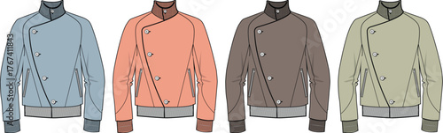 Collection of bomber jackets in various colors and styles, showcasing fashion design and apparel options