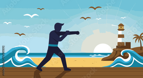 Silhouette Boxer Training on Beach A Seaside Exercise Scene with Lighthouse