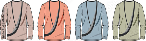 Vector illustration of a men's long sleeve top with an asymmetrical crossbody strap design, presented in multiple colorways for apparel mockups