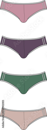 Vector illustration of four women's comfortable low-rise underwear. Diverse colors with sporty side stripe details, perfect for everyday fashion and active comfort