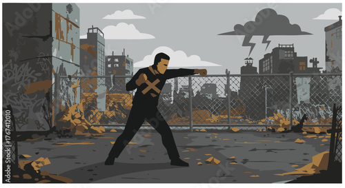 Illustration of a determined street fighter in a fighting pose amidst post-apocalyptic urban decay and a stormy sky