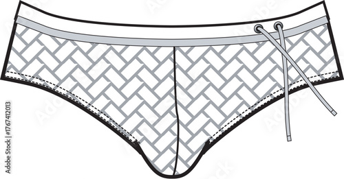 Vector illustration of men's briefs, showing a detailed pattern and string closure for fashion design