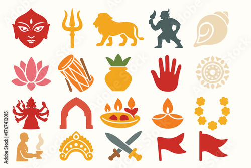 Durga Puja Symbols Collection with Vibrant Colors
