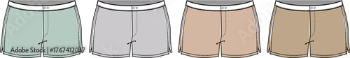Variety of Pastel-Colored Shorts Fashionable Summer Apparel in Muted Green, Gray, Beige, and Brown Tones