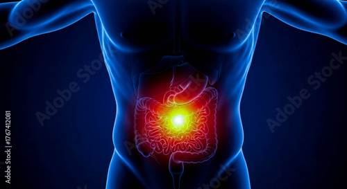 Fototapeta Naklejka Na Ścianę i Meble -  Male torso with glowing pain in the abdomen area. Digestive system problems and bowel illness concept. Medical visualization.
