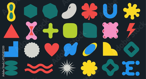 Bold collection of trendy abstract shapes and modern brutalist design elements. A diverse set of colorful geometric forms for digital art and graphic posters