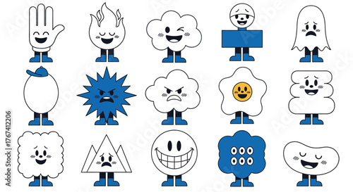 A funky collection of abstract mascot characters in a modern retro cartoon style with various emotional expressions