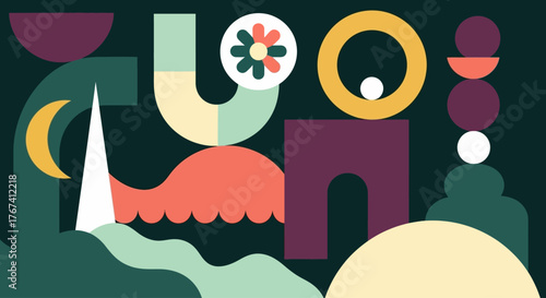 A harmonious arrangement of abstract geometric and organic shapes creating a stylized, modern landscape mural with a muted color palette