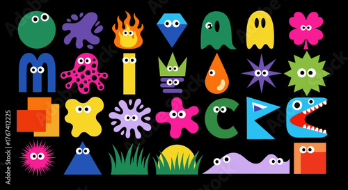 A vibrant and playful collection of cute cartoon monsters, quirky blobs, and whimsical geometric shapes with eyes isolated on a black background
