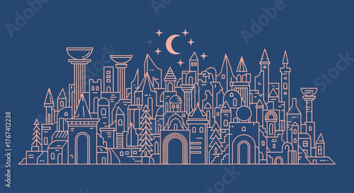 A mythical cityscape illuminated by starlight, a detailed line art drawing of an ancient civilization's architecture at night