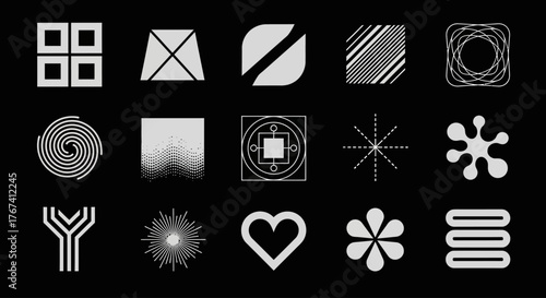 Collection of futuristic digital artifacts and cyber sigils, abstract universal geometric shapes and modern minimalist icons