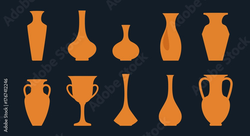 A diverse collection of classic orange ceramic vase silhouettes, an icon set of ancient pottery forms