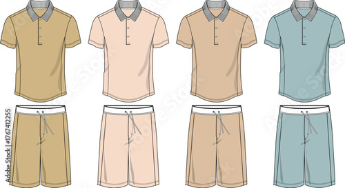Technical flat sketch collection of men's casual wear outfits. Polo shirt and drawstring shorts sets in multiple color options for apparel design templates