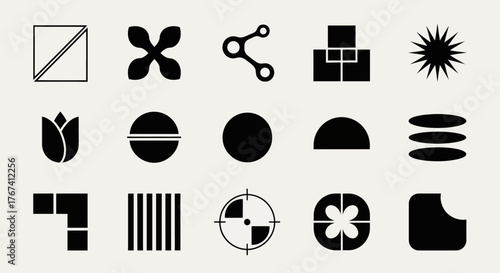 A curated collection of bold abstract geometric shapes and universal icons. Versatile set of modern black symbols for branding and design