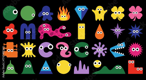 Vibrant collection of funny cartoon monsters and abstract geometric shapes with googly eyes, a set of cute and quirky character icons