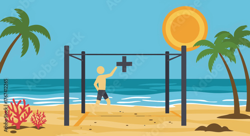 A man training on a beach workout bar reaches for a plus sign, symbolizing the positive benefits of exercise and a healthy lifestyle