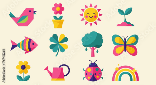 Colorful vector icon set celebrating spring and nature with cute flat illustrations of a sun, flower, butterfly, and bird