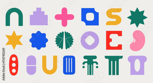 Bold assortment of abstract geometric figures and minimalist shapes in a distinctive modern style for creative projects