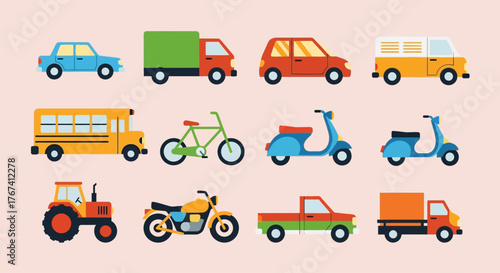 A vibrant and diverse collection of land transport vehicle icons, showcasing cars, trucks, and bikes in a colorful flat design illustration