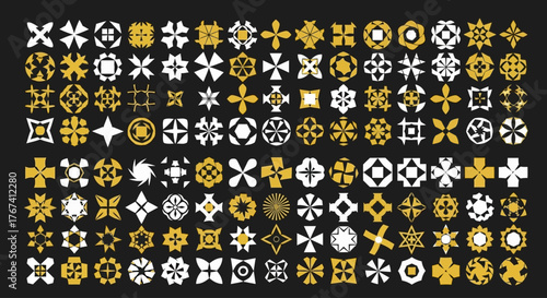 Versatile vector collection of abstract geometric icons and symbols. Gold and white ornamental shapes for creative business logos and modern branding