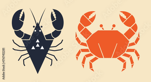 A modern graphic design featuring stylized geometric icons of a lobster and a crab, representing seafood and marine crustaceans