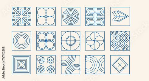 Collection of universal geometric symbols and abstract linear icons, a versatile set for modern branding and digital design projects