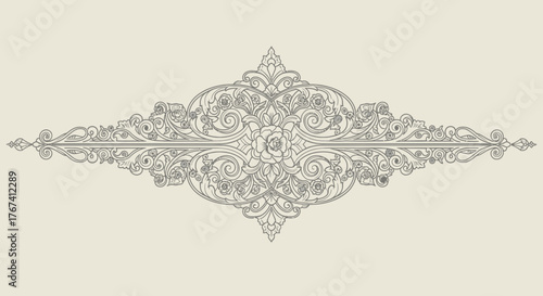 Elegant Horizontal Ornamental Design Element, Intricate Symmetrical Floral and Scroll Motif on a Light Beige Background.