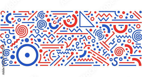 Dynamic abstract background featuring a chaotic yet structured flow of red and blue geometric shapes and symbols
