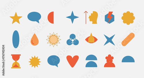 A vibrant collection of modern minimalist vector icons and abstract geometric shapes for creative digital projects and branding
