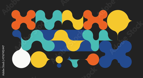 Dynamic neo-geometric mural with bold interlocking modules and organic curves in a playful, vibrant color scheme