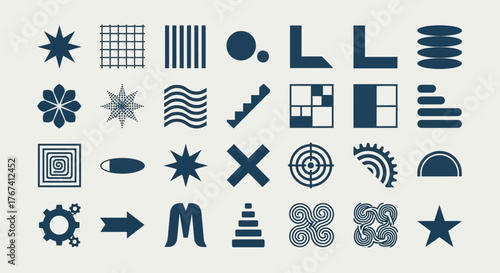 A versatile set of abstract geometric symbols and minimalist forms inspired by futuristic brutalist design elements
