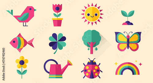 Set of colorful geometric icons representing spring season elements. Flat design illustration with bird, flower, and sun
