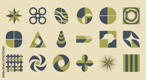 A diverse set of abstract geometric shapes and minimalist icons presented in a distinctive retro color palette for contemporary design
